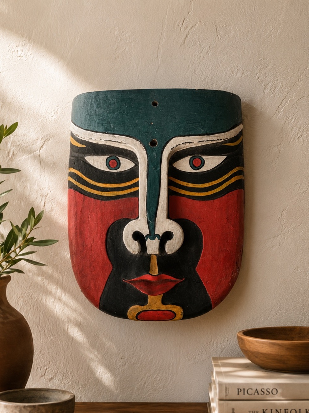 Handcrafted Tribal Mask Art in Red, Black & Teal Vintage Wall Hanging